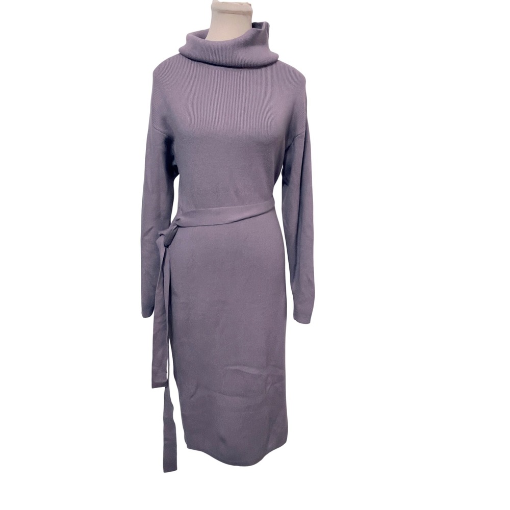 Zesica Women Purple Ribbed Turtleneck‎ Belted Midi Sweater Dress Size L Modest